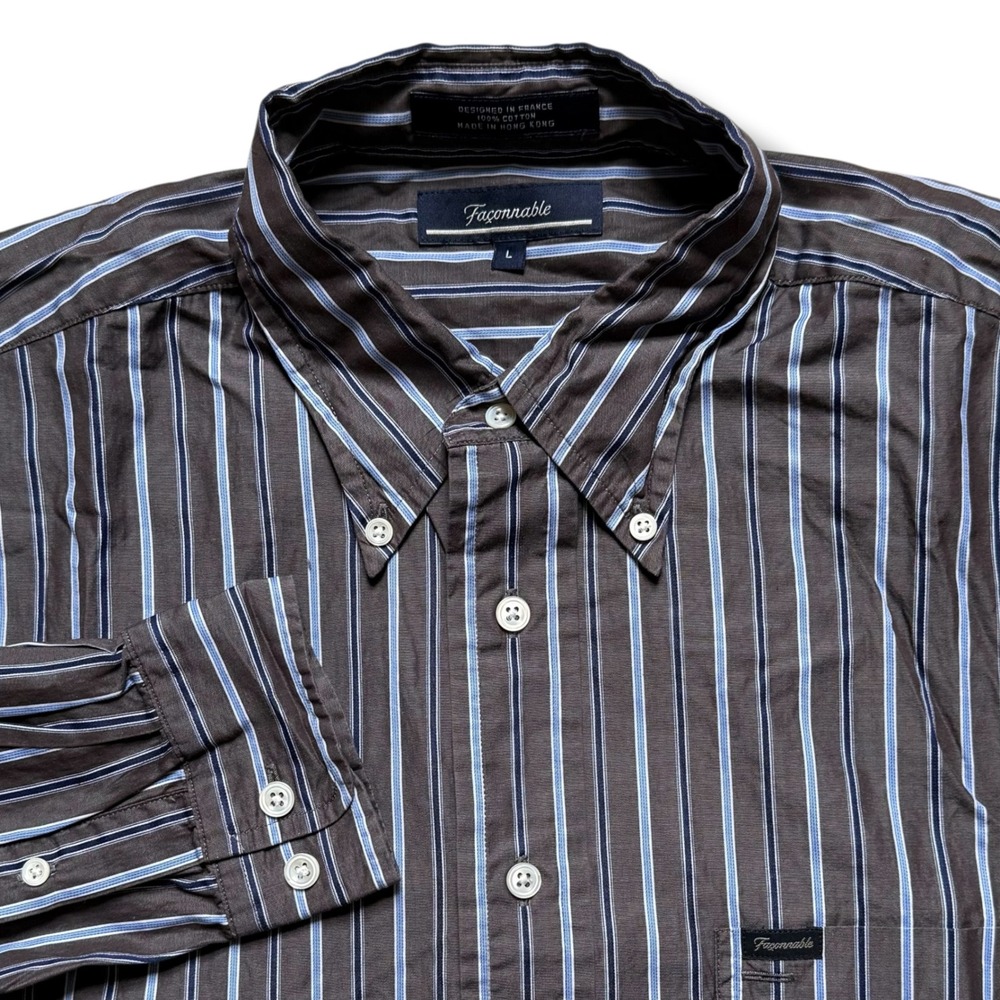 Faconnable Mens Gray Blue Striped Cotton Button Down Shirt Large Long Sleeve